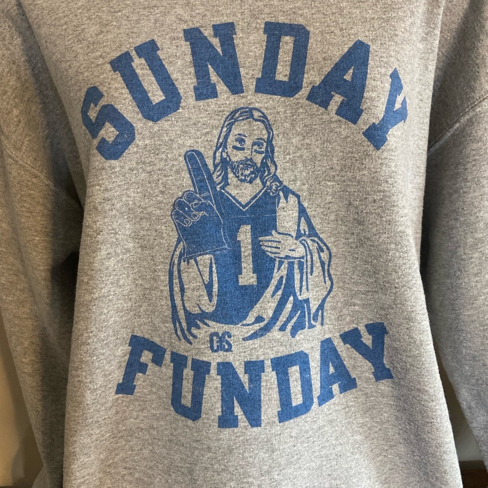 Gildan Gray and Blue 'Sunday Funday' Men's Crewneck Sweater - Picture 2 of 4